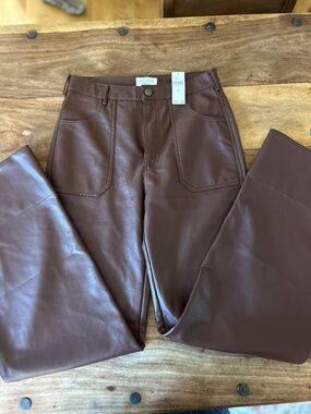 Pilcro Wide-Leg Faux Leather Pants in Dark Chestnut